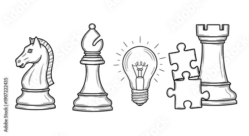 line drawing of chess pieces and puzzle with lightbulb idea vector icons, business concept, for presentation or website