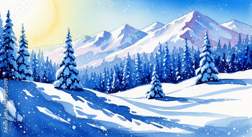 Serene winter mountain landscape watercolor painting with snow covered pine trees and sunlit peaks