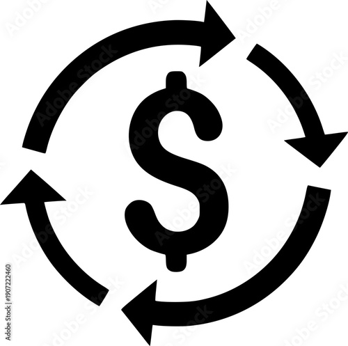 Black and white icon of the dollar symbol surrounded by two arrows forming a circle and representing money turnover

