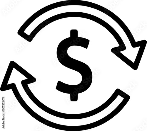 Black and white icon of the dollar symbol surrounded by two arrows forming a circle and representing money turnover
