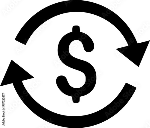 Black and white icon of the dollar symbol surrounded by two arrows forming a circle and representing money turnover

