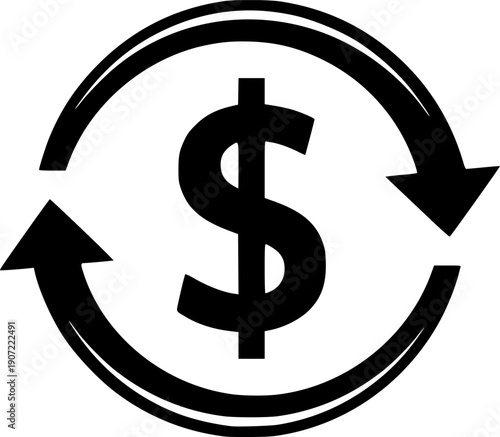 Black and white icon of the dollar symbol surrounded by two arrows forming a circle and representing money turnover
