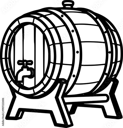 Simple, bold line art depicting a wooden barrel on a stand, symbolizing the brewing or winemaking process
