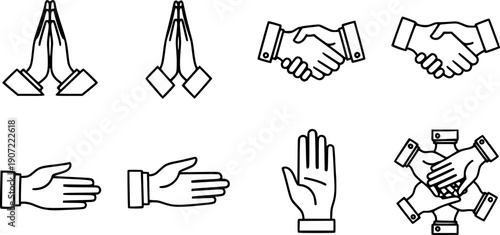 Clasped hands icons set. Line art icons represent diverse hand gestures, symbolizing prayer, agreement, greeting, and collaboration
