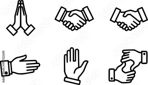 Clasped hands icons set. Line art icons represent diverse hand gestures, symbolizing prayer, agreement, greeting, and collaboration
