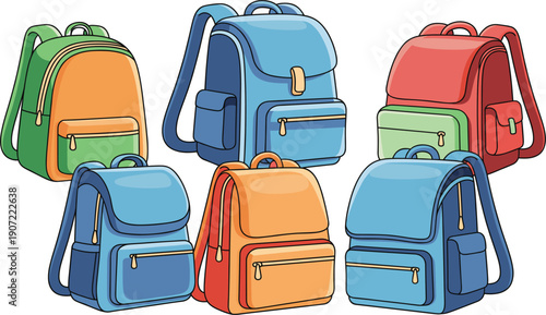 Colorful School Backpack Collection Set Flat Vector Illustration Isolated on White Background
