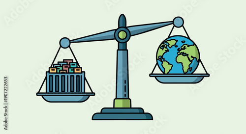 Vector illustration of a scale balancing a crate of products and the Earth, symbolizing eco-friendly business practices or sustainable development, for website, banner, or presentation