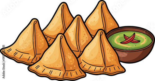 Crispy Samosa Snack with Chutney Sauce Flat Vector Illustration Isolated on White Background