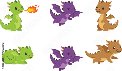Cute Cartoon Dragon Collection Set with Flying and Fire Breathing Characters Flat Vector Illustration Isolated on White Background