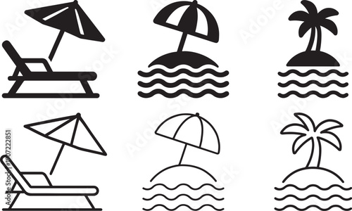 Beach umbrella, chair and tree silhouette bold outline icon set.