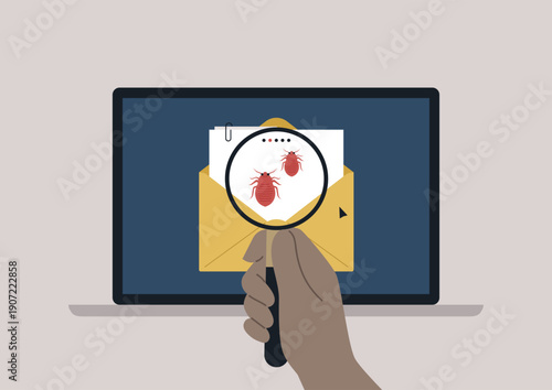 A hand uses a magnifying glass to examine an envelope on a laptop screen, displaying imagery of bugs symbolizing a ransomware attack, This scene highlights cyber threats and security concerns.