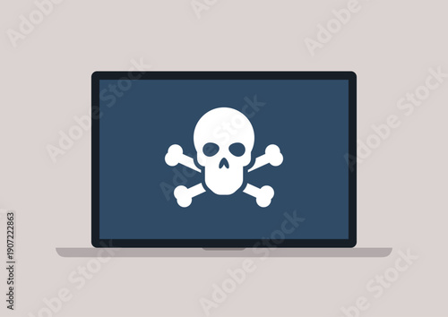 A laptop screen shows a prominent skull and crossbones symbol, representing the menace of ransomware, This digital art highlights the risks faced in today's tech-driven world