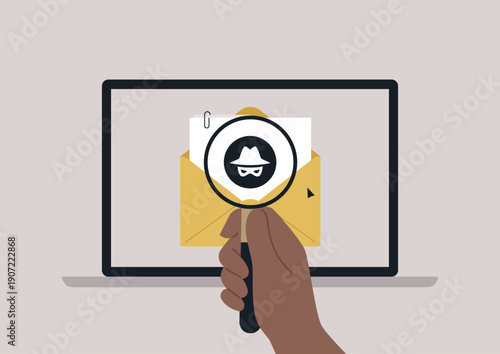 A hand grasps a magnifying glass, focusing on a digital envelope showcased on a laptop screen, representing the alarming rise of ransomware threats in today's technology landscape.