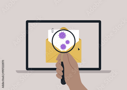 A hand holds a magnifying glass over a laptop displaying an email with malware, highlighting the risks of ransomware attacks in today's digital age.