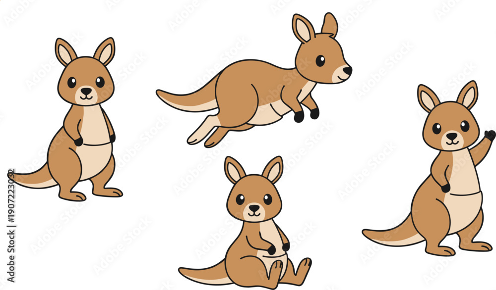 Fototapeta premium Cute Kangaroo Cartoon Collection Flat Vector Illustration Set Isolated on White Background