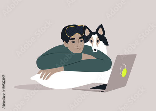In a cozy setting, a person lounges on a character laptop bed with a fluffy dog nearby, engaged in their laptop activities, Comfort and companionship fill the space.