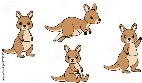 Cute Kangaroo Cartoon Collection Flat Vector Illustration Set Isolated on White Background