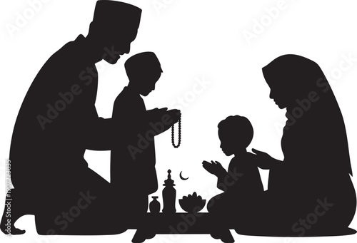 Family praying together during Ramadan, religious devotion and togetherness, Islamic tradition