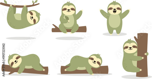 Cute Sloth Character Collection in Different Poses Flat Vector Illustration Isolated on White Background