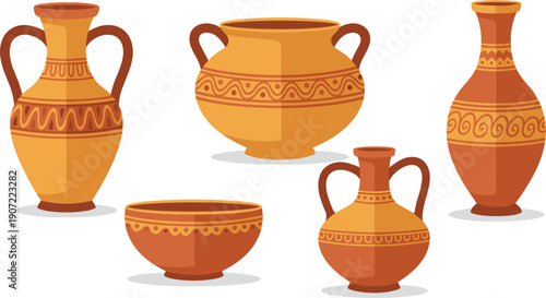 Ancient Clay Pottery and Ceramic Vase Collection Flat Vector Illustration Isolated on White Background