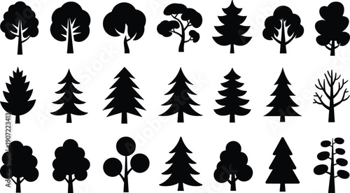 Tree icons set, forest nature silhouettes collection, pine oak fir symbols, minimal black vector illustration isolated on white background design