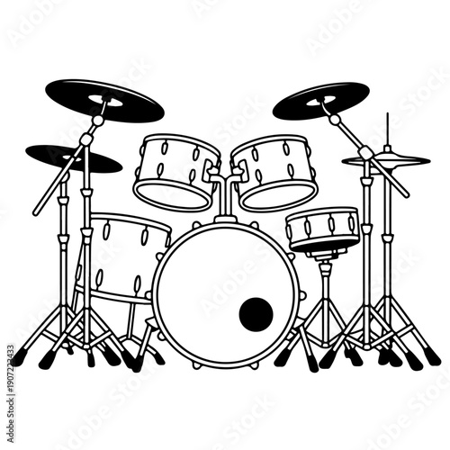 A classic five-piece drum set with cymbals and stands in a monochromatic illustration style