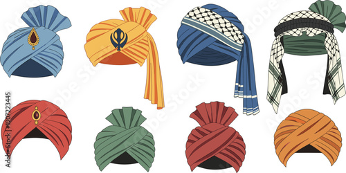 Traditional Turban Collection Set in Different Styles and Colors Flat Vector Illustration Isolated on White Background