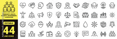 Community, health, security, environment, and education icon set with heart pulse, head gears, house shield, handshake, globe, tree, justice scale, megaphone, surveillance camera, graduation cap