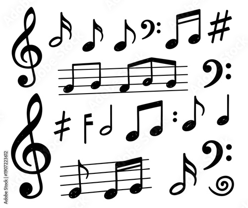 Musical note icons, music notation clef staff and rhythm vector silhouette set on transparent background
