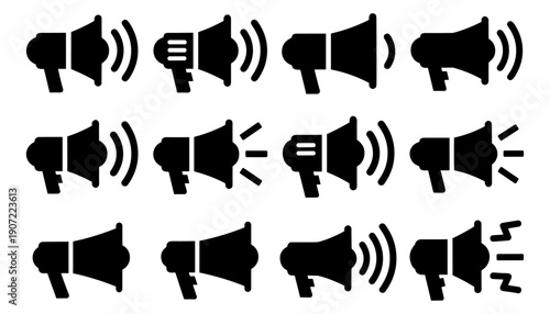 Sound and volume icons set, speaker megaphone audio and alert symbols vector silhouettes on transparent background