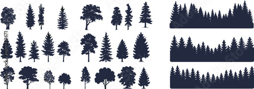 Tree silhouette collection, forest landscape elements with pine and deciduous trees, nature woodland set isolated vector illustration