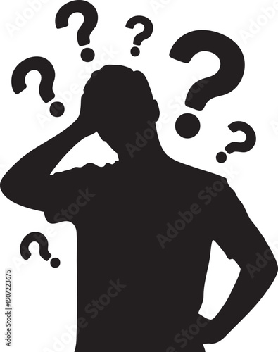 Confused man silhouette with question marks above head, uncertainty and doubt concept