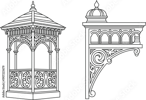 Ornate gazebo pavilion vector illustration, decorative vintage architectural structure design, classic garden pavilion line art, elegant outdoor ornamental building