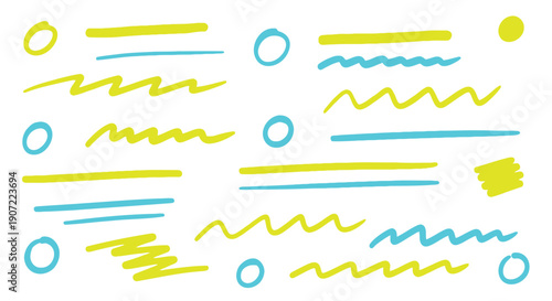 Yellow and blue squiggly lines and circles pattern, abstract background element, for website or presentation design, overlay effect, vector graphics