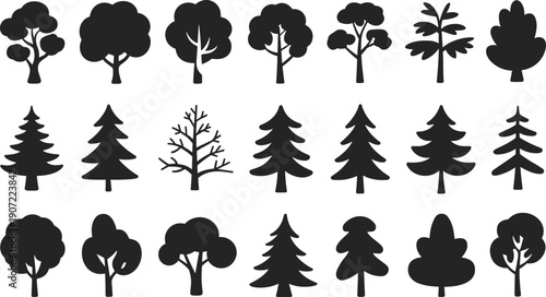 Tree silhouettes icon set, forest nature collection, pine oak fir shapes, black vector illustration isolated on white background design