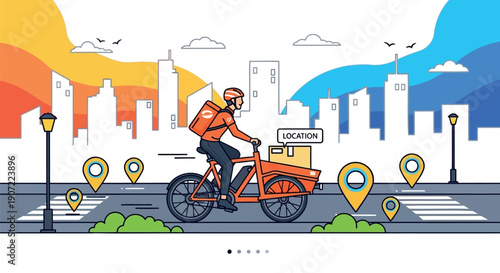 Delivery cyclist riding through cityscape with map pins, for logistics or transportation concept, vector illustration