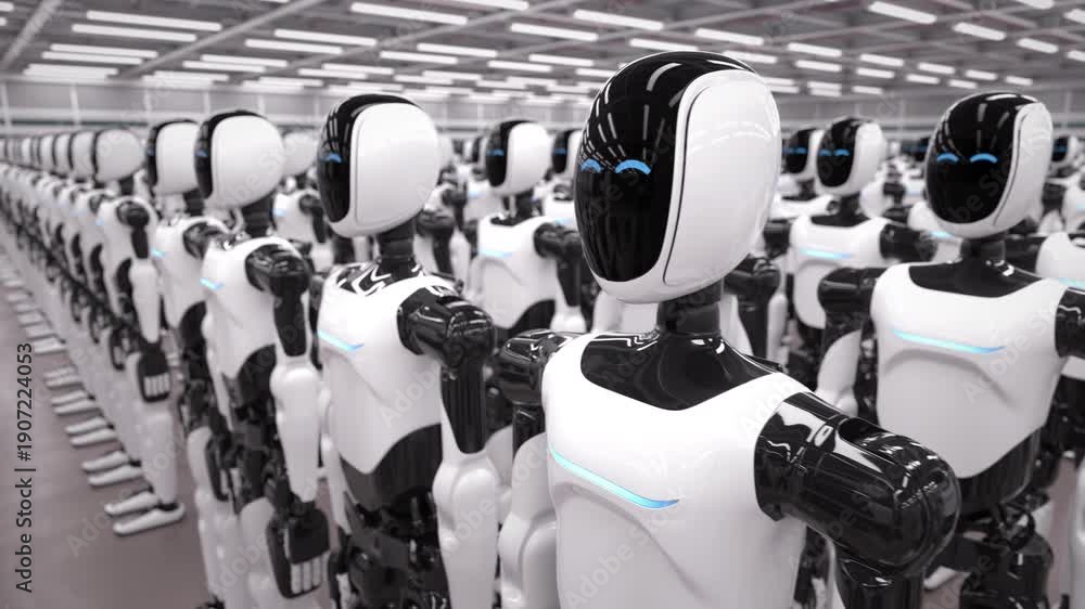 custom made wallpaper toronto digitalRows of advanced AI-powered humanoid robots standing in an industrial warehouse. Future of AI driven industrial automation, machine learning and AI robotics. 3d animation rendering