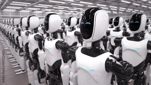 Wallpaper Mural Rows of advanced AI-powered humanoid robots standing in an industrial warehouse. Future of AI driven industrial automation, machine learning and AI robotics. 3d animation rendering Torontodigital.ca