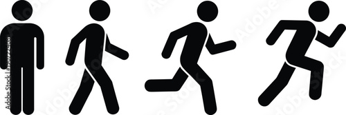 Human movement progression icon set showing standing walking running poses, stick figure pictogram silhouettes isolated on white background