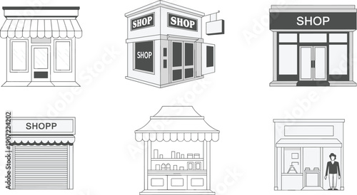 Retail shop storefront vector collection, commercial store facade illustrations, urban market building exteriors, modern boutique shop icon design set