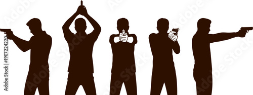 Gun stance silhouettes illustration, handgun shooting poses, firearm handling techniques, defensive posture, training icons, tactical shooting concept, weapon grip variations