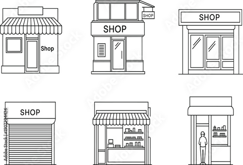 Shop storefront outline vector set, retail store facade illustration collection, urban commercial building exterior icons, modern shop line art