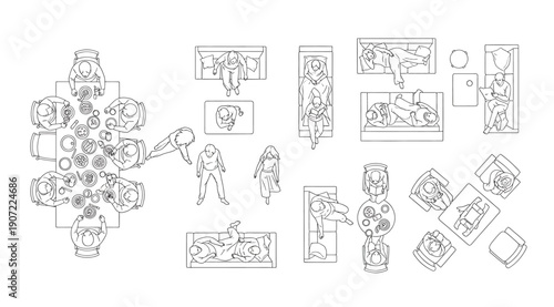 "Black and white line drawing series depicting human figures interacting with cubes, platforms, and geometric shapes, abstract instructional diagrams for puzzles, logic, education, and cognitive visua