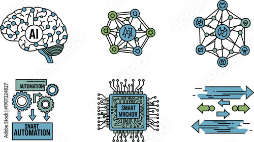 Artificial intelligence icons illustration, AI brain network, machine learning diagram, smart automation gear, microchip technology, data flow communication, advanced computing concept