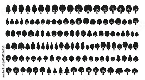"Grid of diverse tree silhouettes arranged in rows and columns, black outlines on white background showcasing unique shapes and sizes, botanical references for landscape design, architecture, and crea