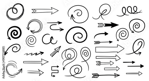 Hand drawn black arrows and swirls vector icons set, for design or presentation, isolated on transparent background, png