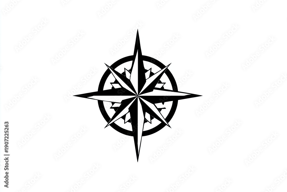 Fototapeta premium Black and white compass rose graphic, centrally located on a plain white background