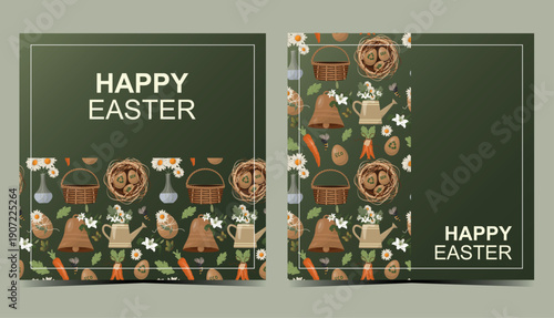 Happy Easter Vertical Greeting Card Template Pair. Ideal for flyers and invitations. Ethical easter concept. Seasonal and holidays concept. Happy easter. Natural elements. Vector illustration