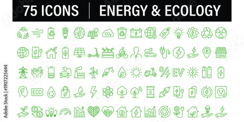 Energy and Ecology Line Icons Set, Renewable Power and Environmental Symbols Collection