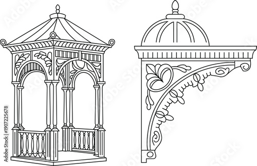 Vintage gazebo pavilion line art illustration, ornate architectural structure design, decorative garden pavilion vector, classic ornamental outdoor architectural element
